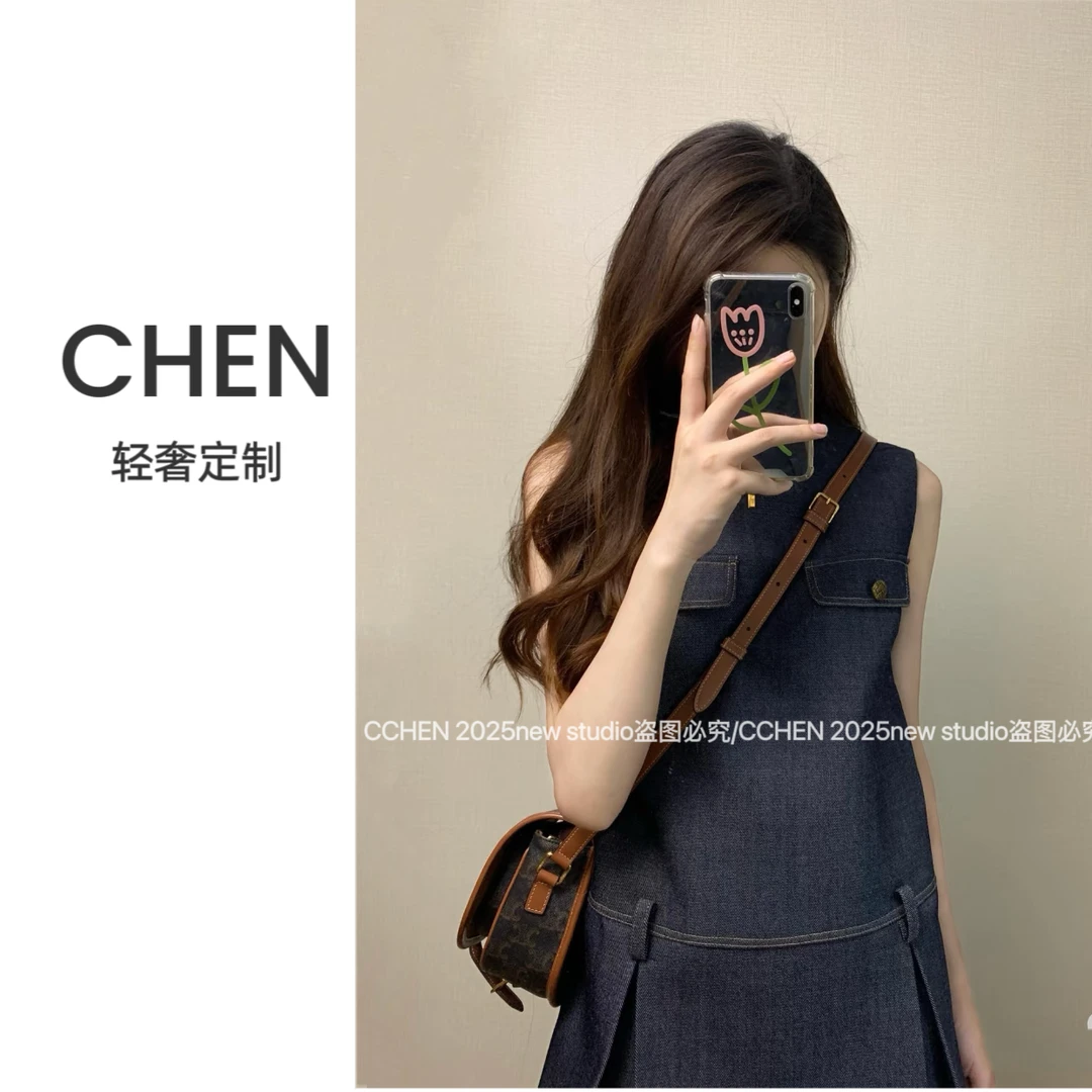 美式复古无袖背心工装裙女2025新款夏季气质短裙高级感牛仔连衣裙
