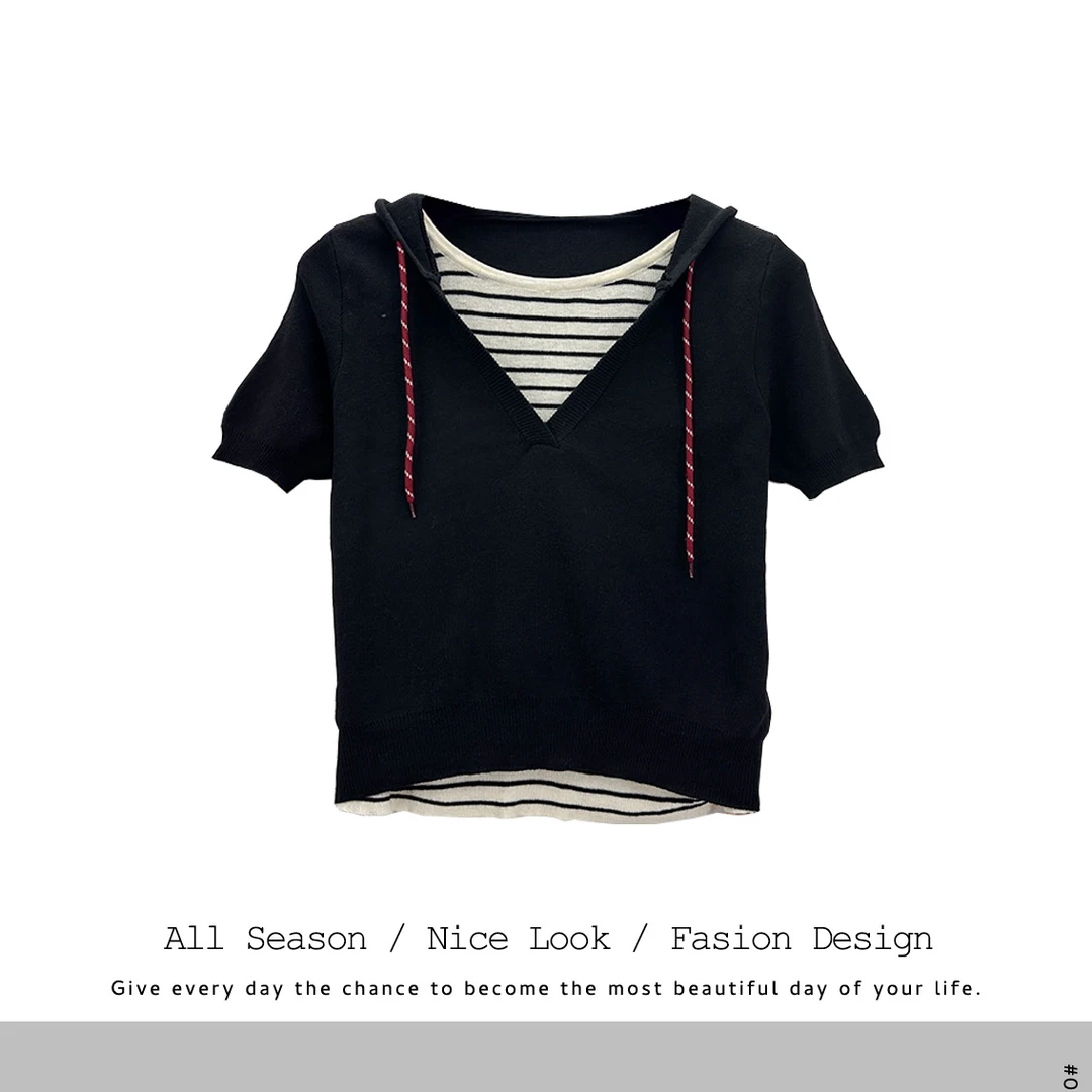 907 假两件连帽卫衣女2025新款设计感撞色拼接V领毛衣上衣#2978