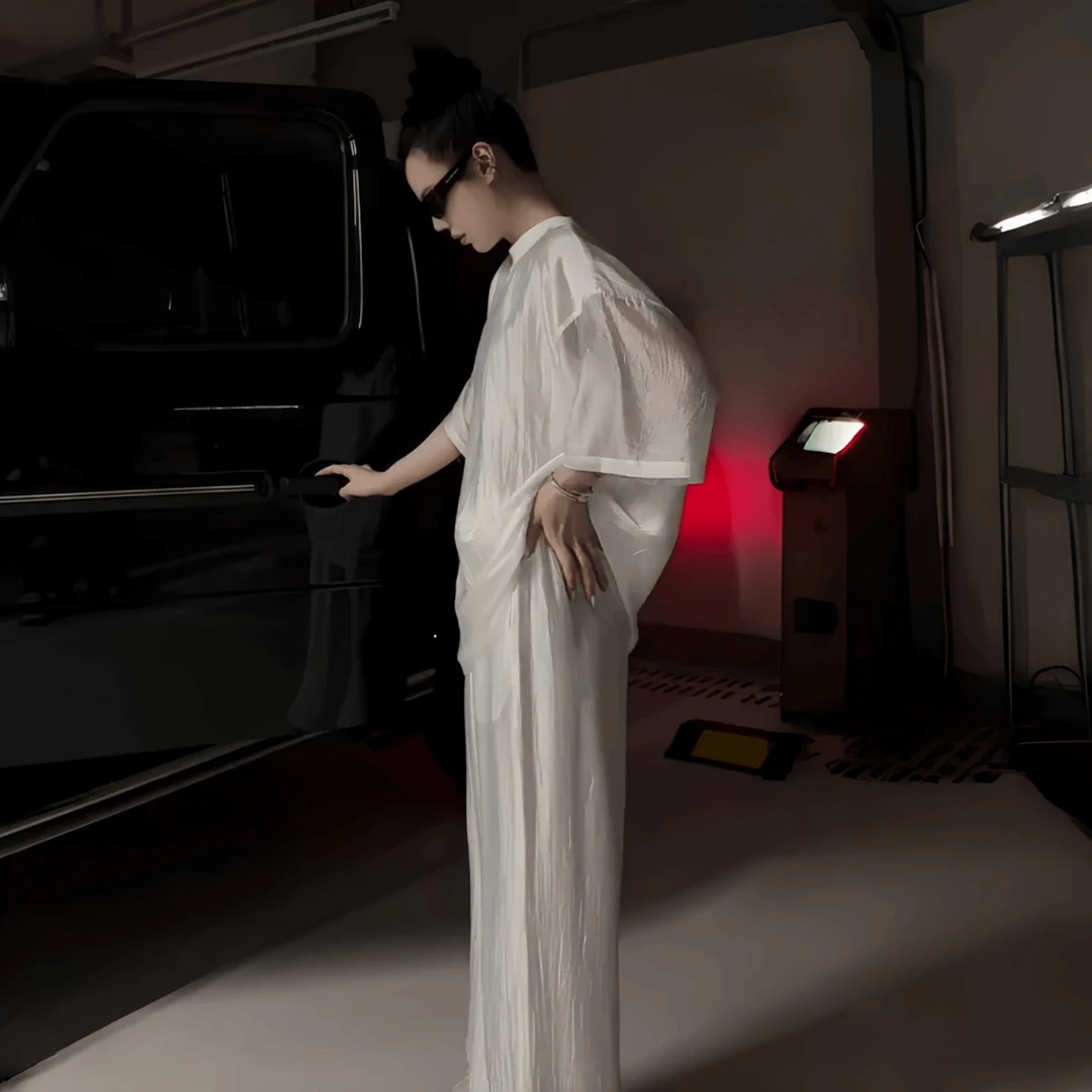 休闲风褶皱肌理感短袖套装女2025夏季大码胖MM宽松上衣长裤两件套