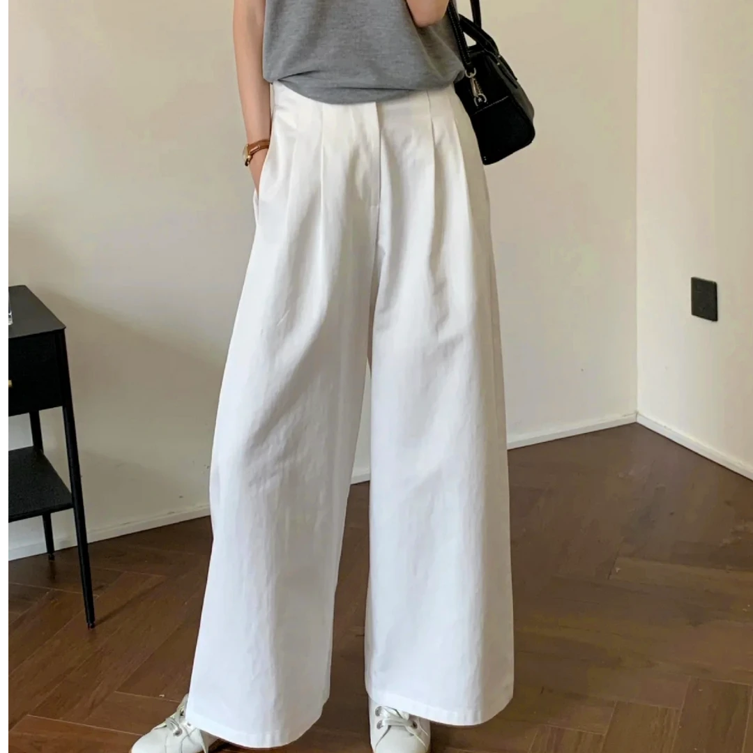 纯棉25春款白色韩系时尚气质高腰百搭显瘦阔腿休闲长裤