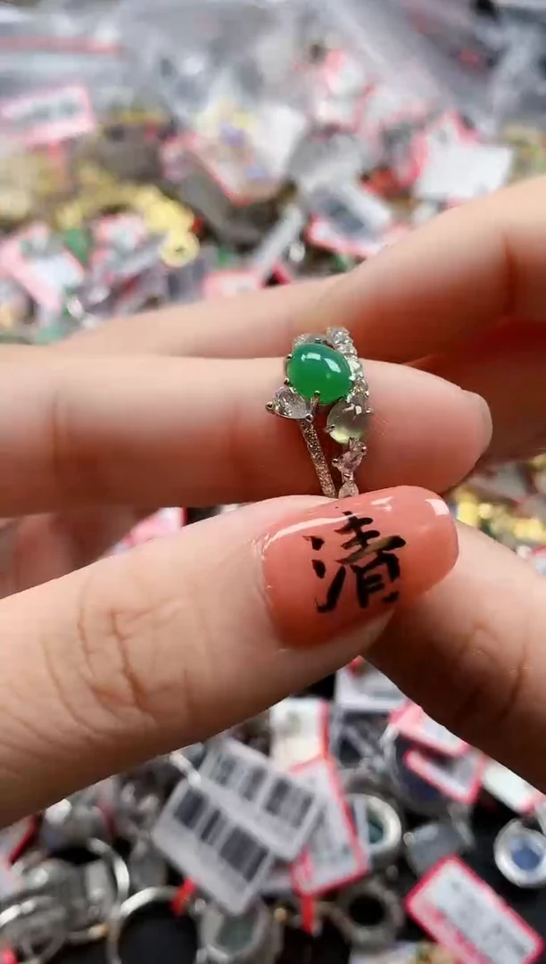 银S925镶嵌戒指翡翠天然A货缅甸翡翠