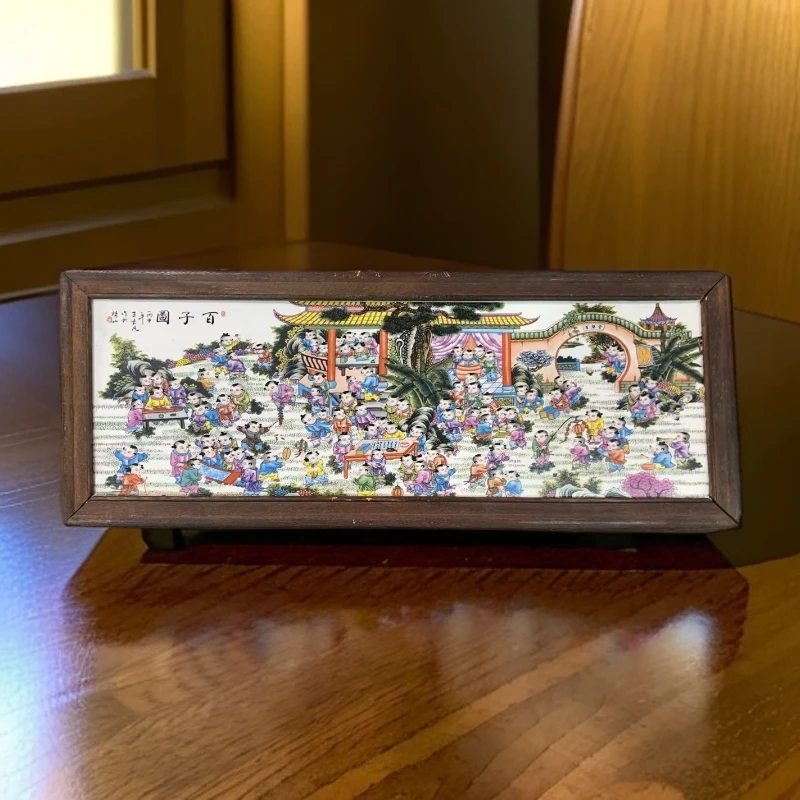 景德镇瓷板画柴窑烧制粉彩人物百子图图实木边框55*21cm