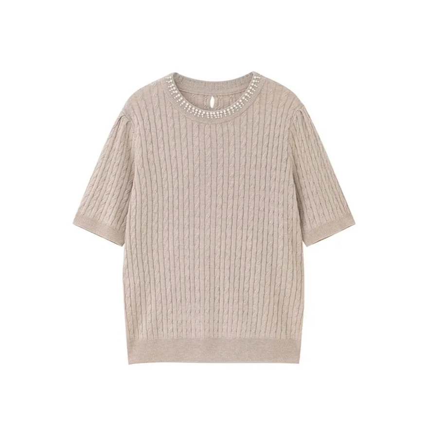 25年春夏新款时尚绞花手工钉珠圆领套头中袖蚕丝羊毛针织衫8889