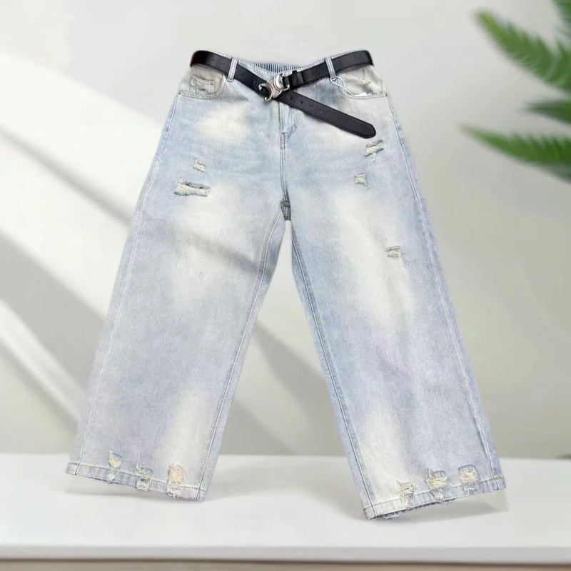 夏季款12902破洞牛仔筒筒裤
