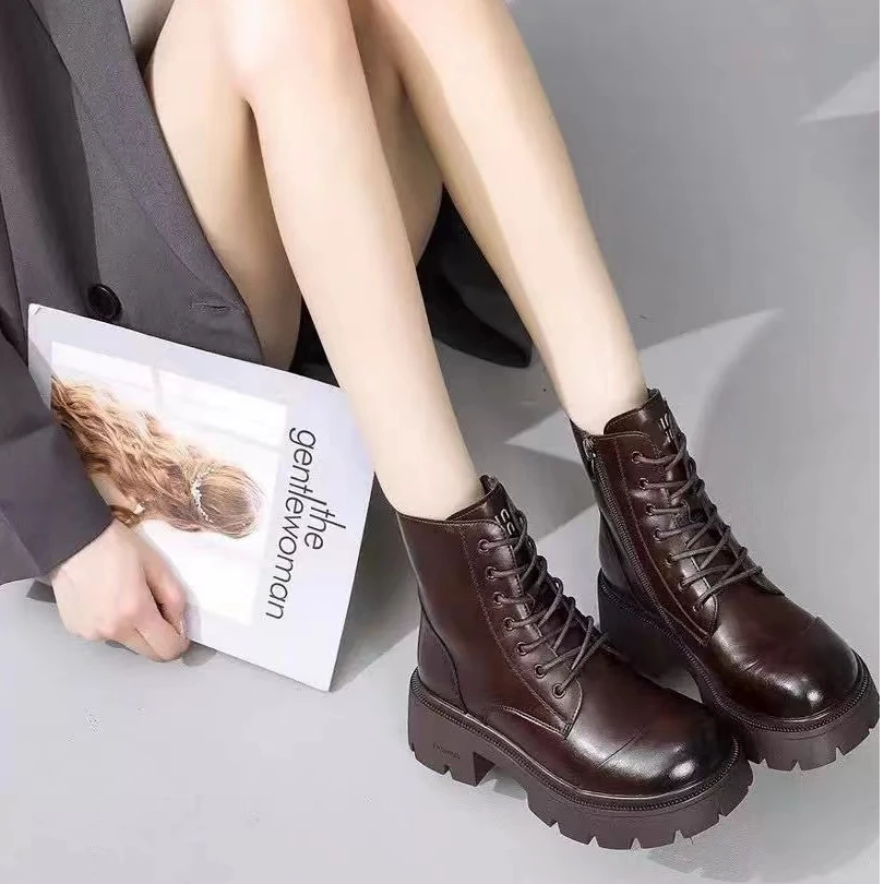 秋冬新款韩版通勤瘦瘦简约粗跟裸靴短靴208-1(不加绒)