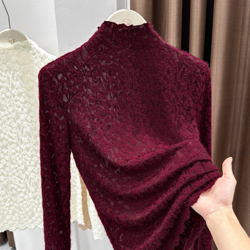 半高领磨毛镂空洋气蕾丝上衣秋冬新款软糯保暖网纱长袖打底衫薄款