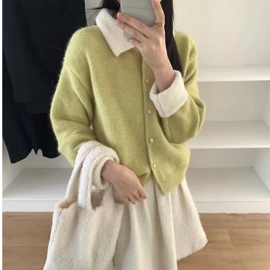 甜美圈圈纱翻领加厚开衫毛衣小香风针织衫女冬季软糯polo衫外套