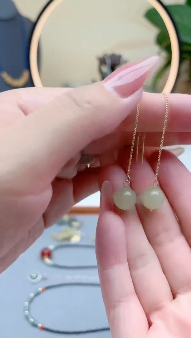 东陵石银S925镶嵌耳饰00耳线青色