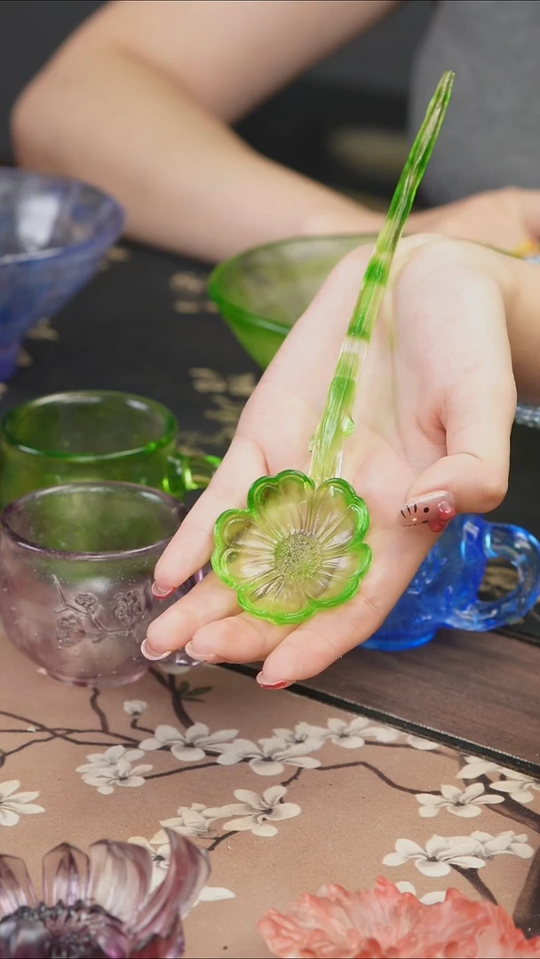 手工艺品琉璃绿色花朵茶匙