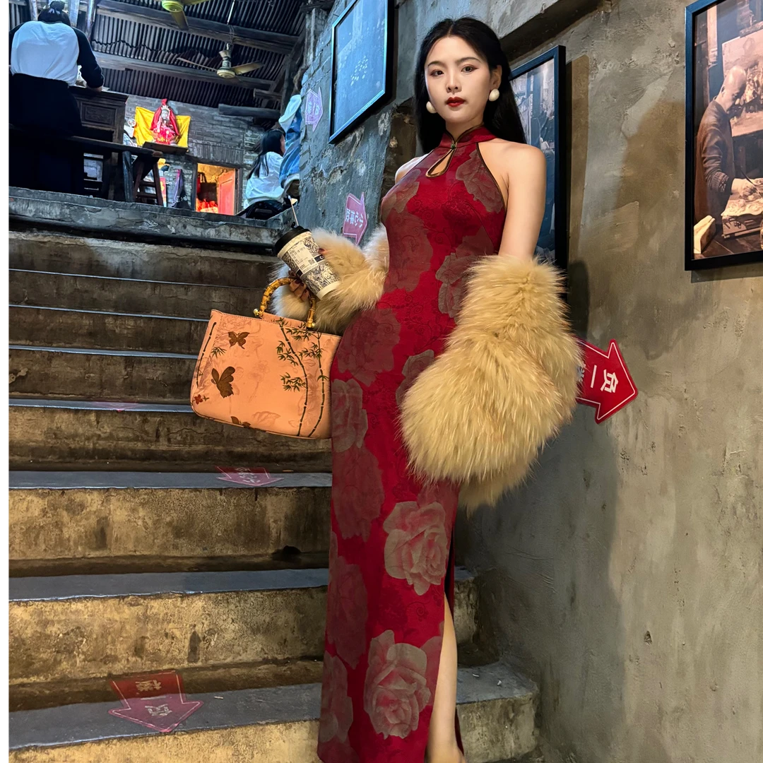 LHMknk1画报夫人原创自制改良挖肩水滴旗袍连衣裙 艳丽