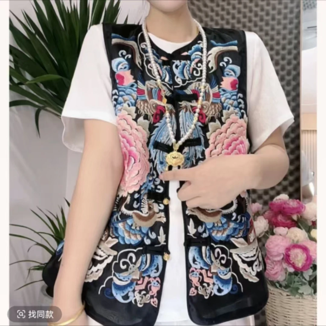 （牡丹）夏季新中式国风圆领重工刺绣马甲女时尚气质复古薄款马夹