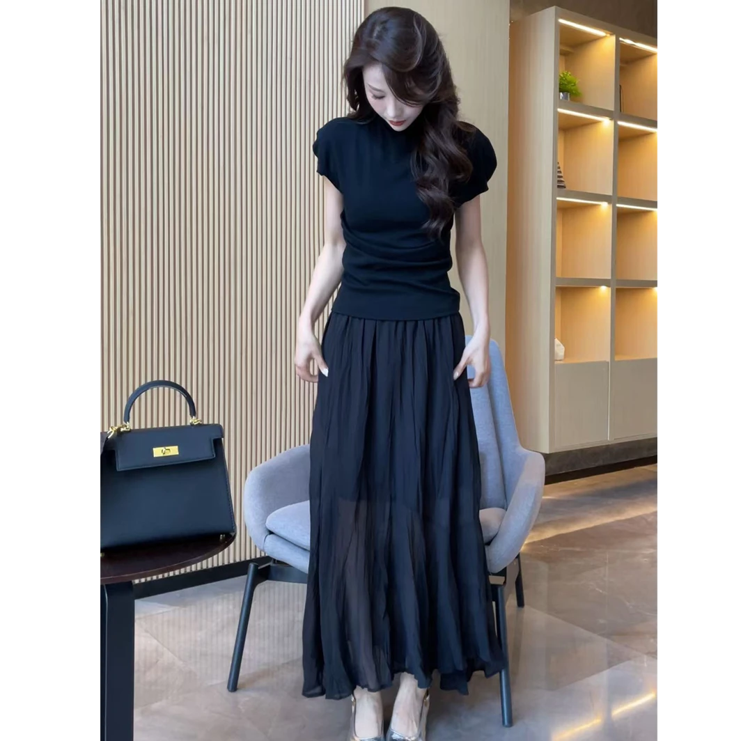 【梦婷家】韩系高腰网纱拼接半身裙夏季新款百搭松紧褶皱长裙-25834