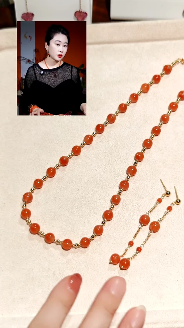 银S925镶嵌冰红南红玛瑙项链+耳环