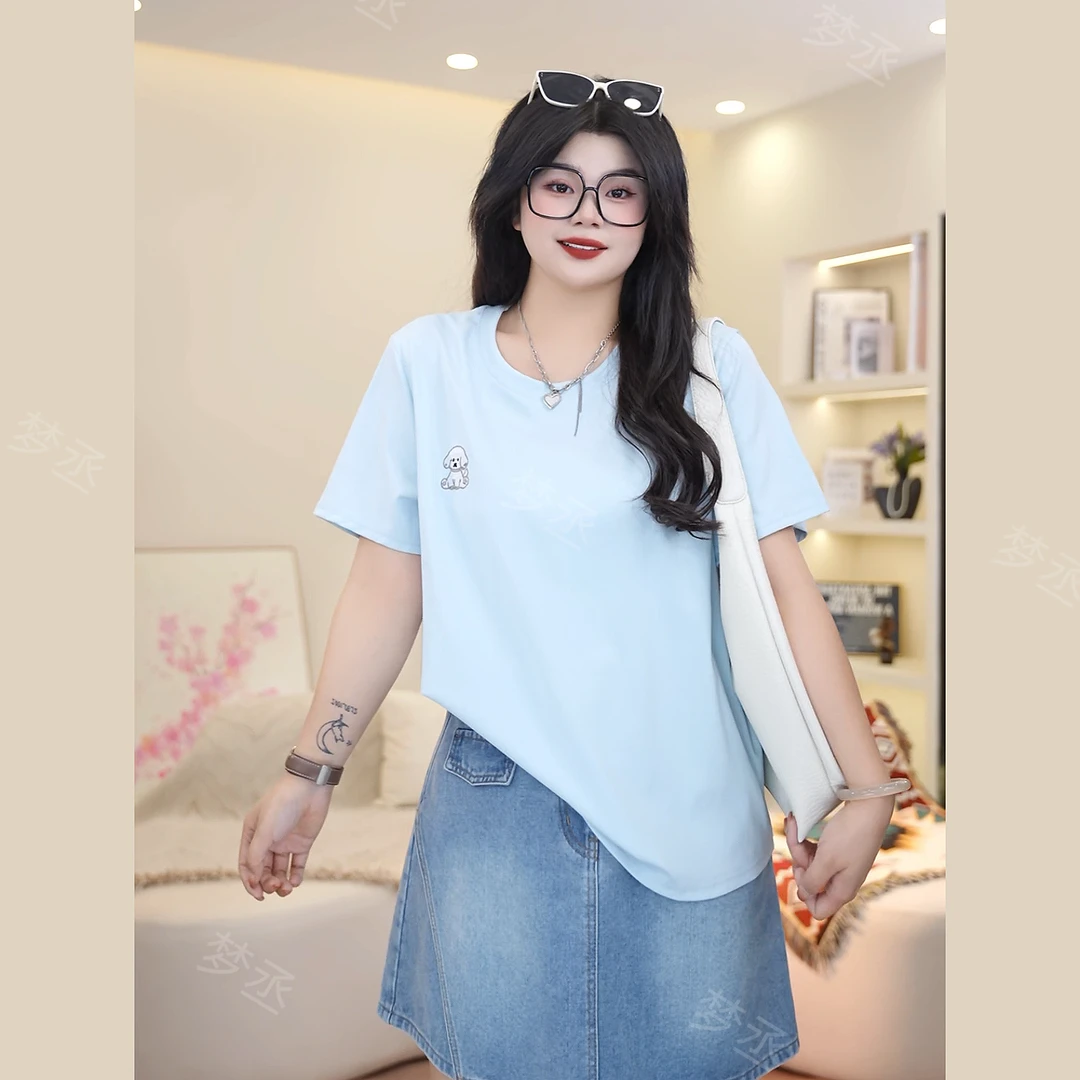 梦丞-夏季胖mm大码女装刺绣小狗宽松显瘦短袖女款爆款2025新款