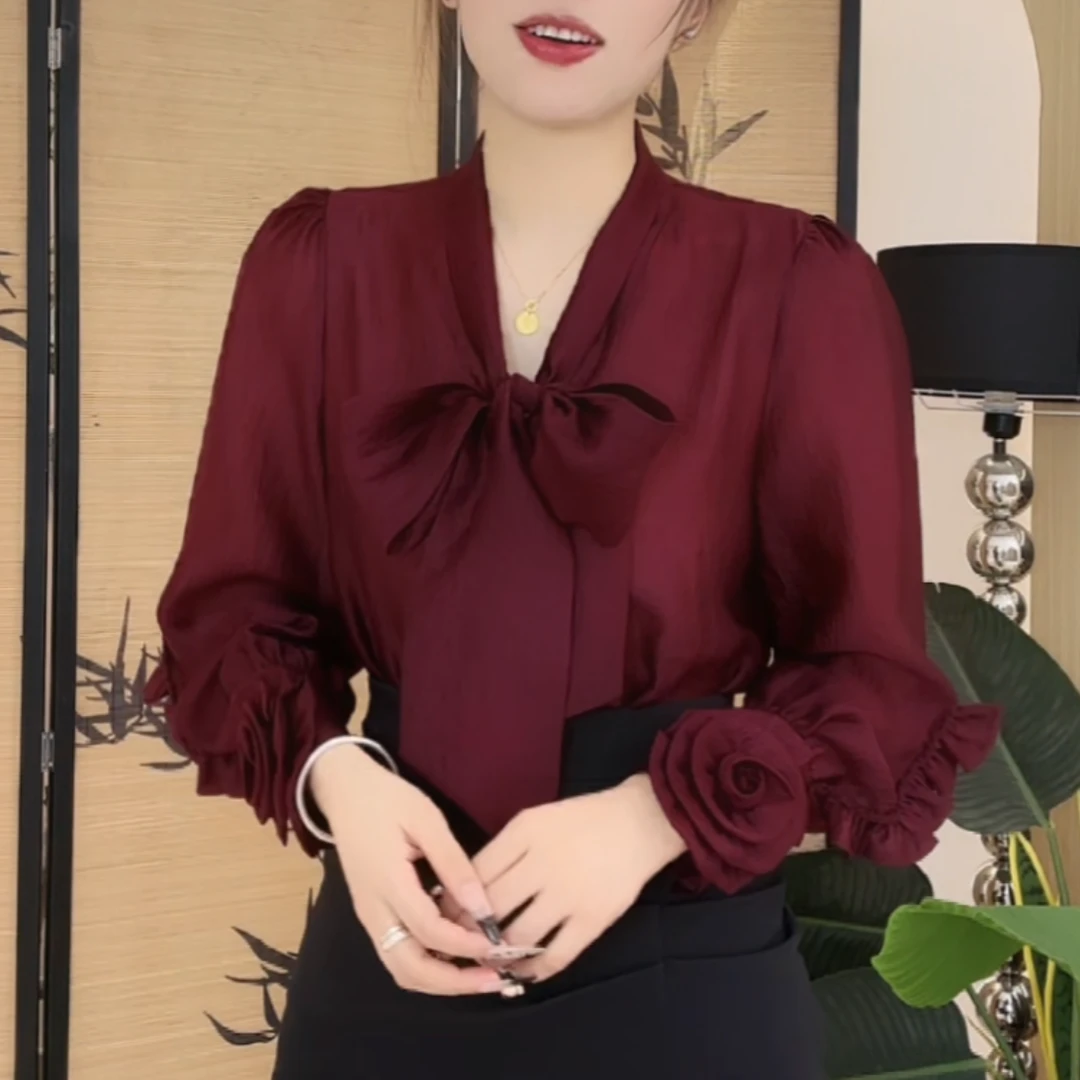 高端精致蝴蝶结雪纺衫2025春季新款时尚长袖上衣洋气打底衬衣