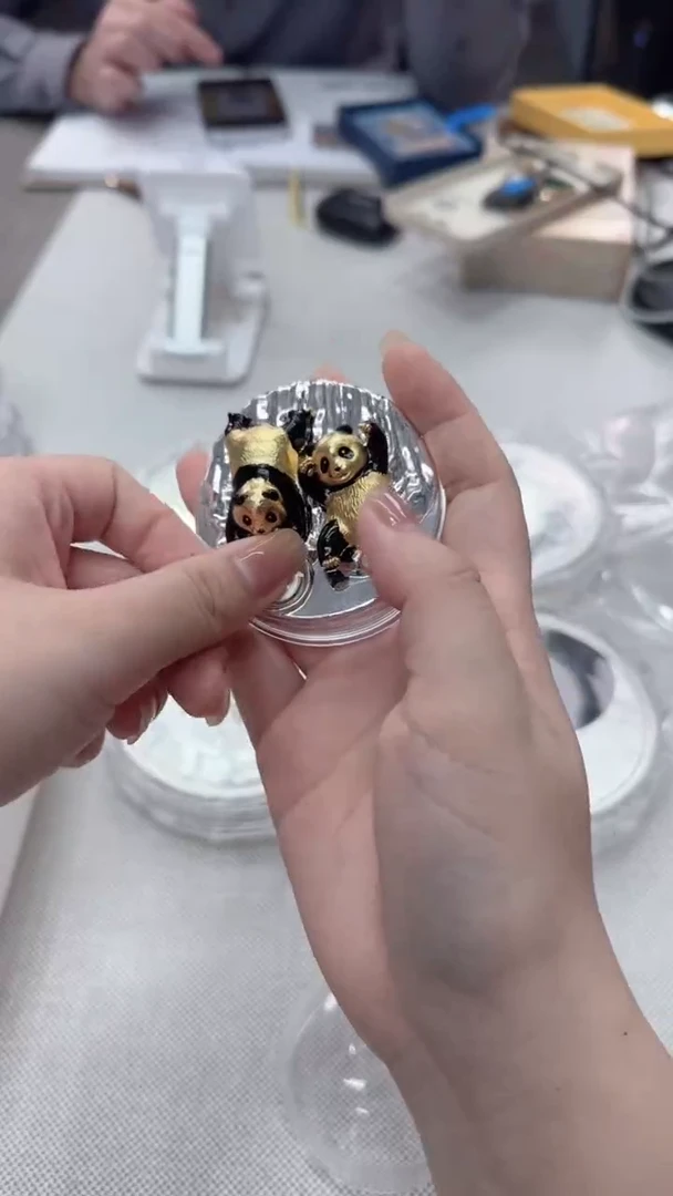 铜福运双至铜镀金熊猫摆件有证盒