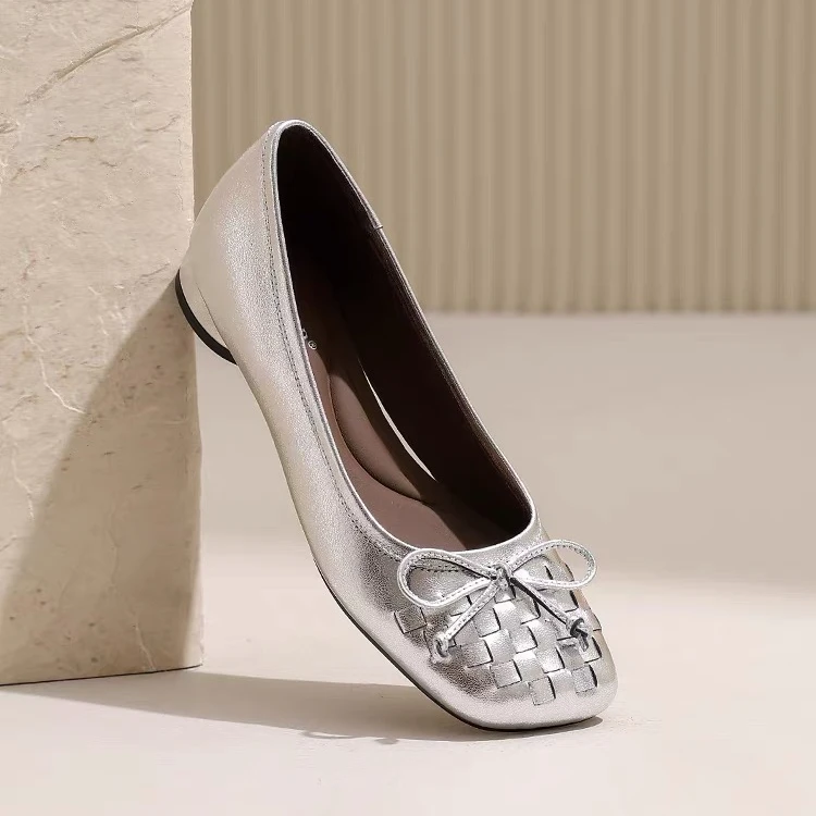 新款方头平底鞋编织蝴蝶结平底芭蕾鞋低跟真皮浅口单鞋女