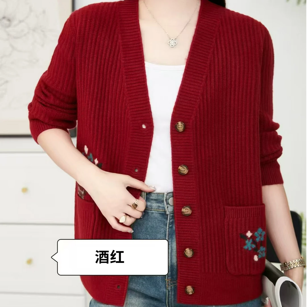 针织开衫女厚款V领2025新款宽松提花毛衣外套A-028