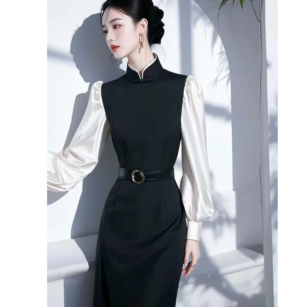 开春新中式黑色连衣裙富家千金高端穿搭法式设计感假两件长裙2025