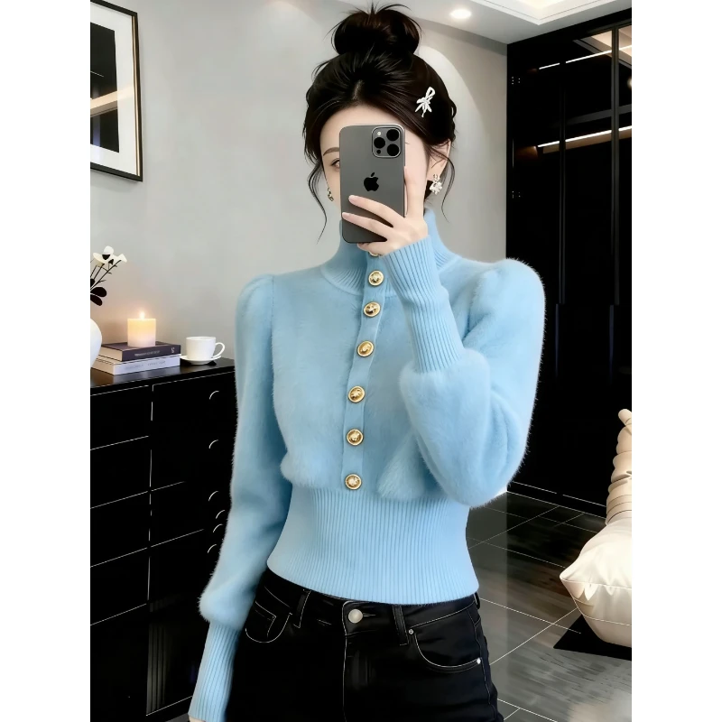 浅蓝色新年毛衣女冬季爆款时髦名媛高级感气质收腰小香风针织上衣