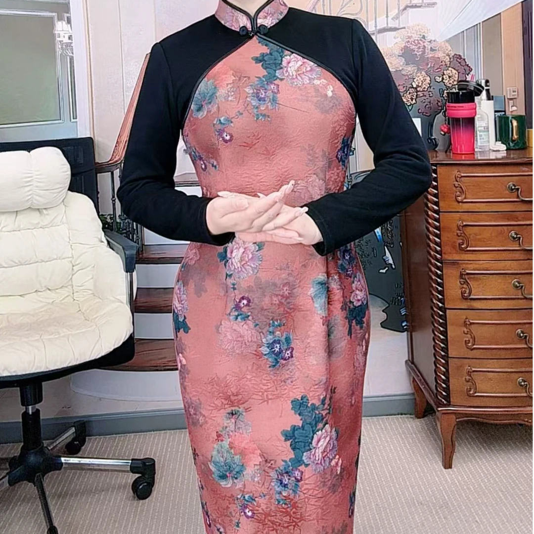 唯艳【红豆沙】原创加绒春款新中式收腰包臀显瘦改良旗袍修身长袖