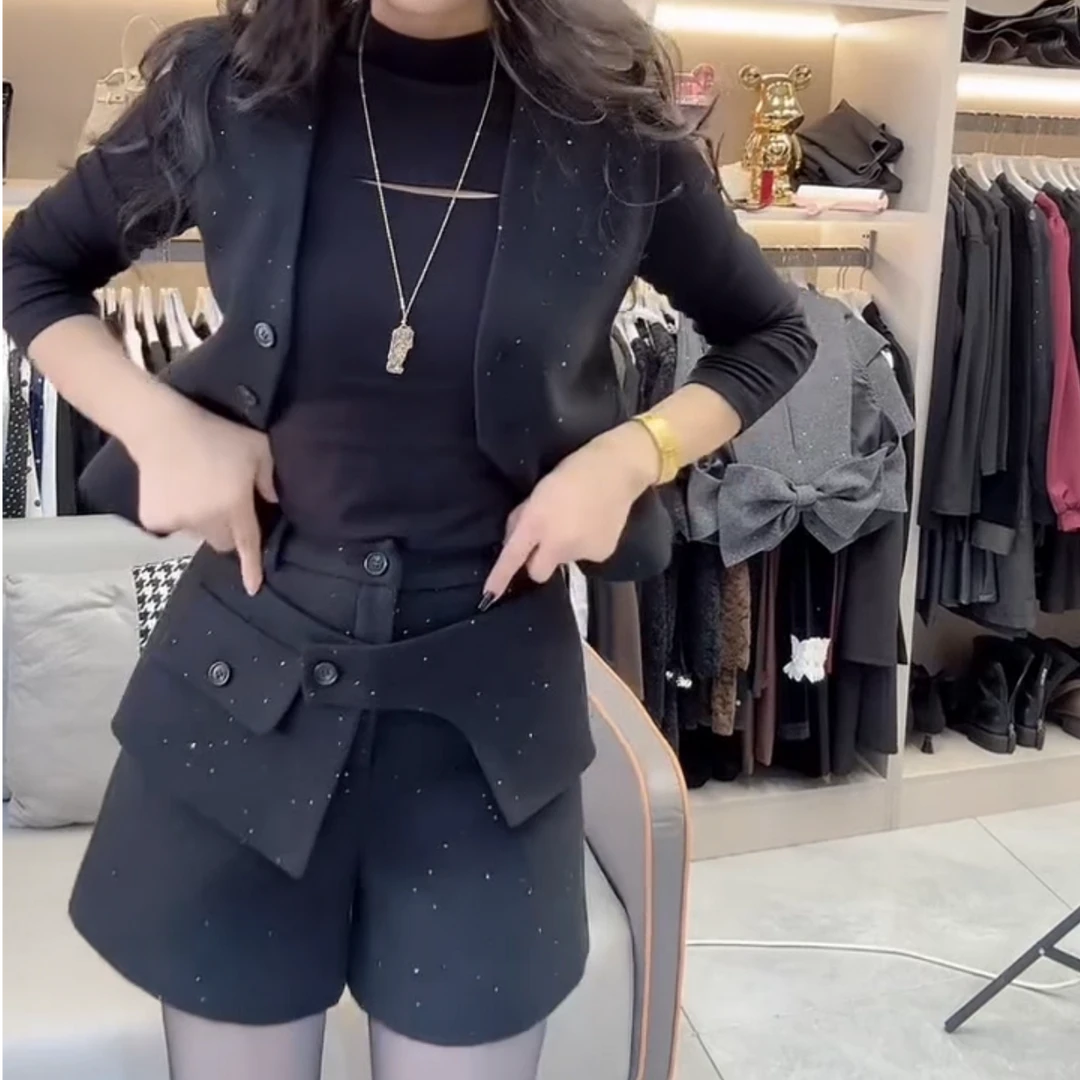 秋冬新款轻职风细闪时尚气质显瘦精致马甲短裤2件套装网红百搭款