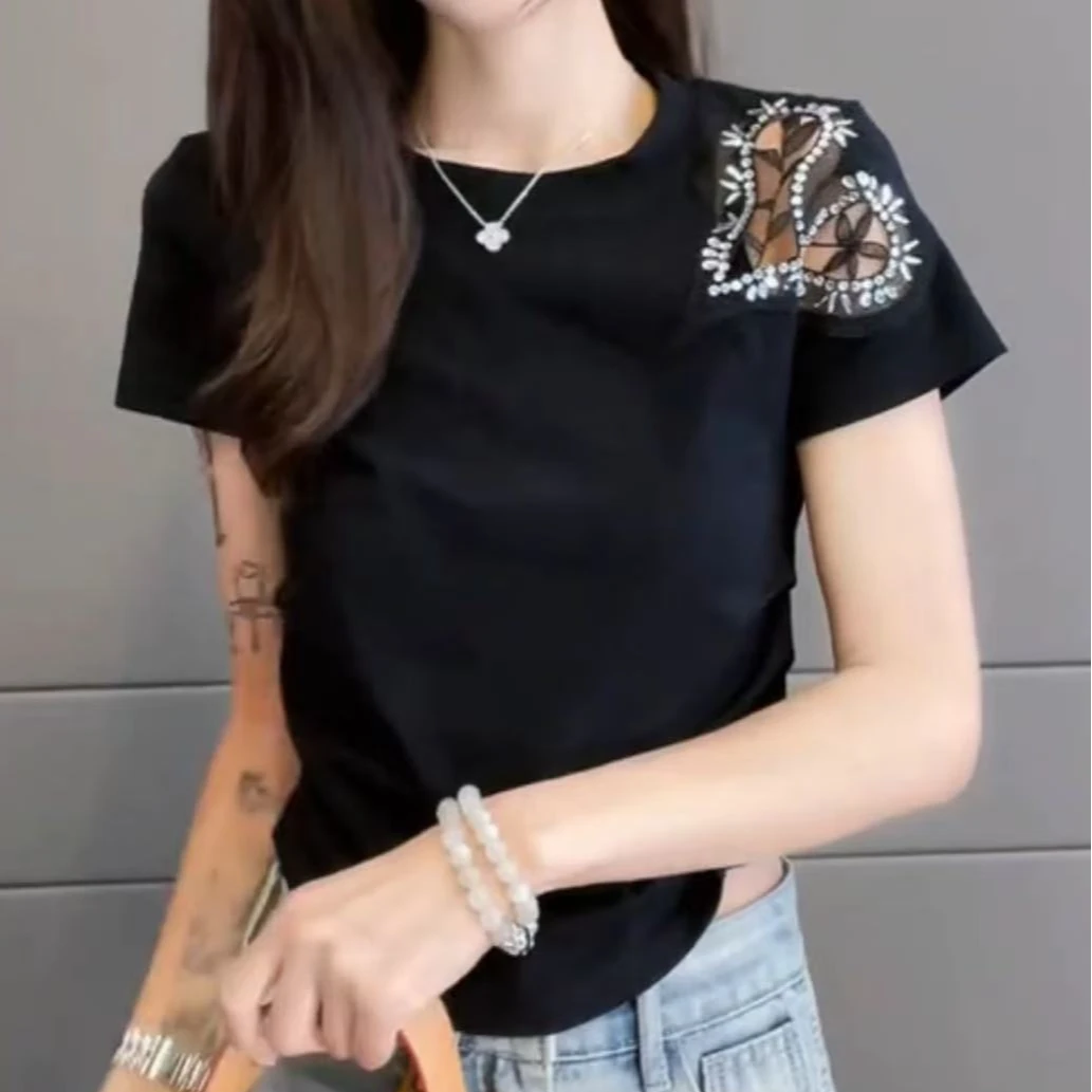 【COCO林可可】-重工镂空蕾丝钉珠褶皱短袖夏季侧扣圆领修身显瘦T恤