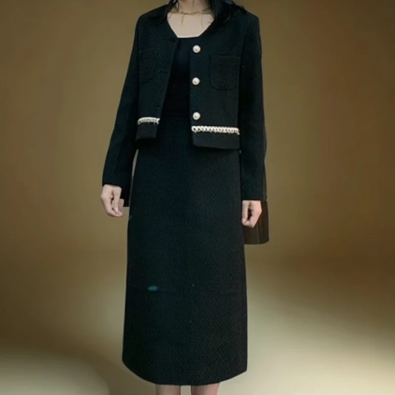 法式黑色小香风连衣裙气质名媛高端春秋女装套装