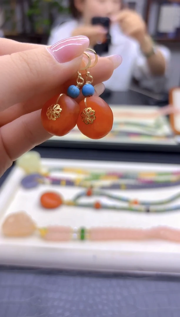 蜜蜡14K金镶嵌耳饰DIY款E65