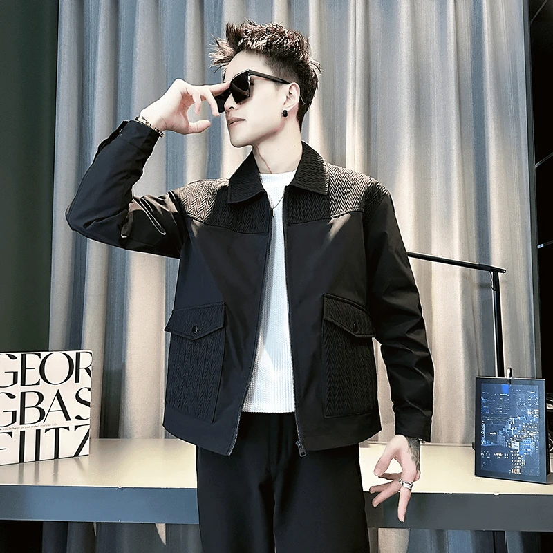 潮牌痞帅拼接夹克高级感男装休闲外套男春秋2025新款网红秋季外衣