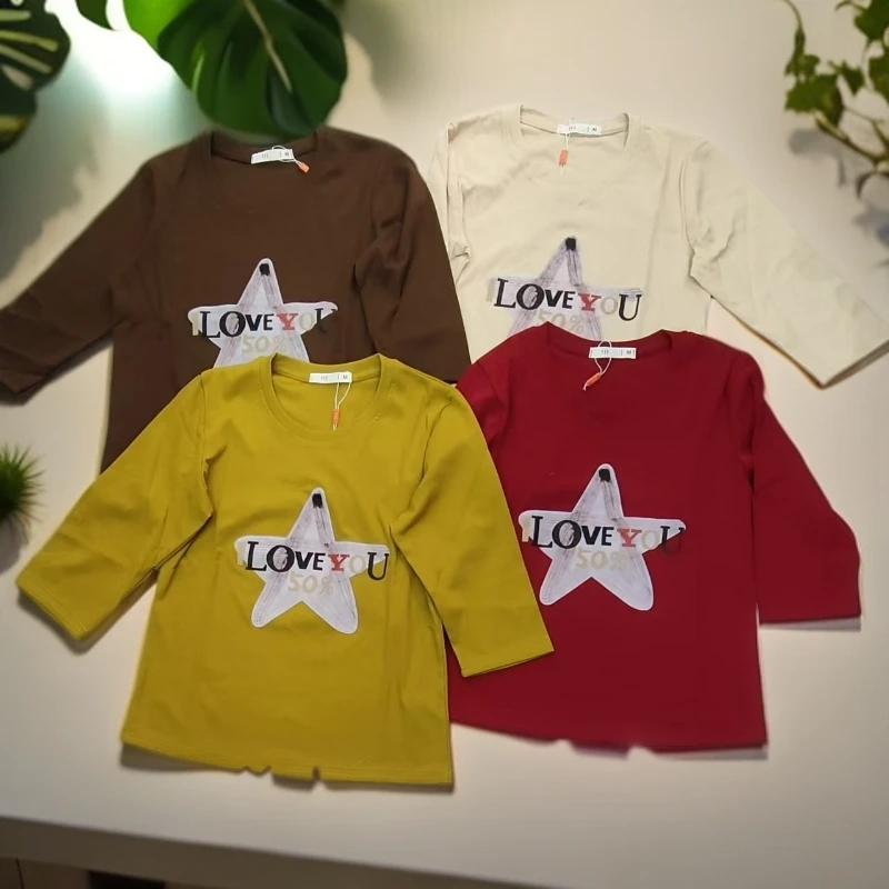 187时尚T恤圆领百搭可爱风秋款短袖印花七分袖秋季吸汗