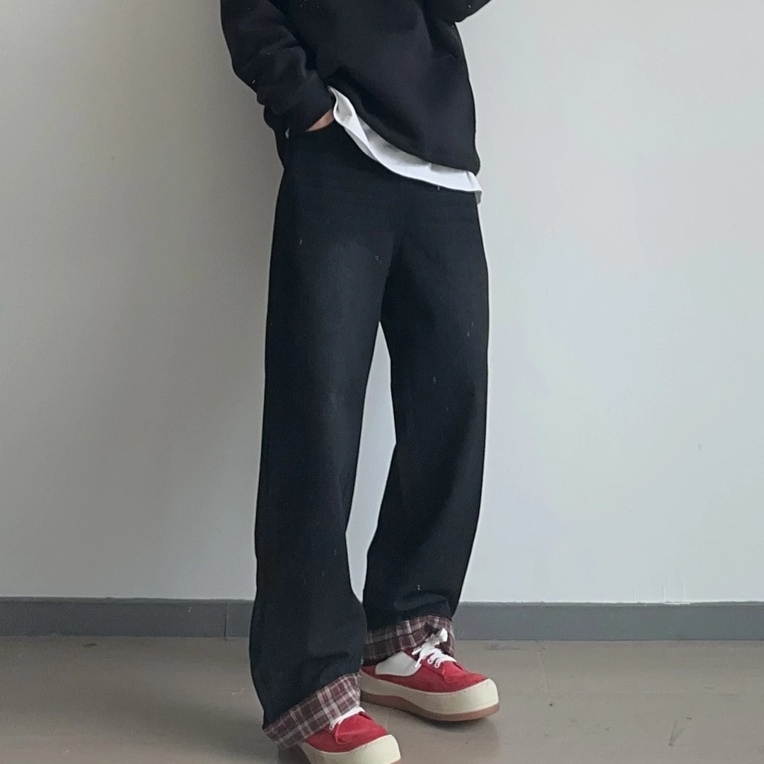 盘鹏飞 翻边美式重工水洗牛仔裤男春季宽松直筒阔腿休闲裤长裤潮