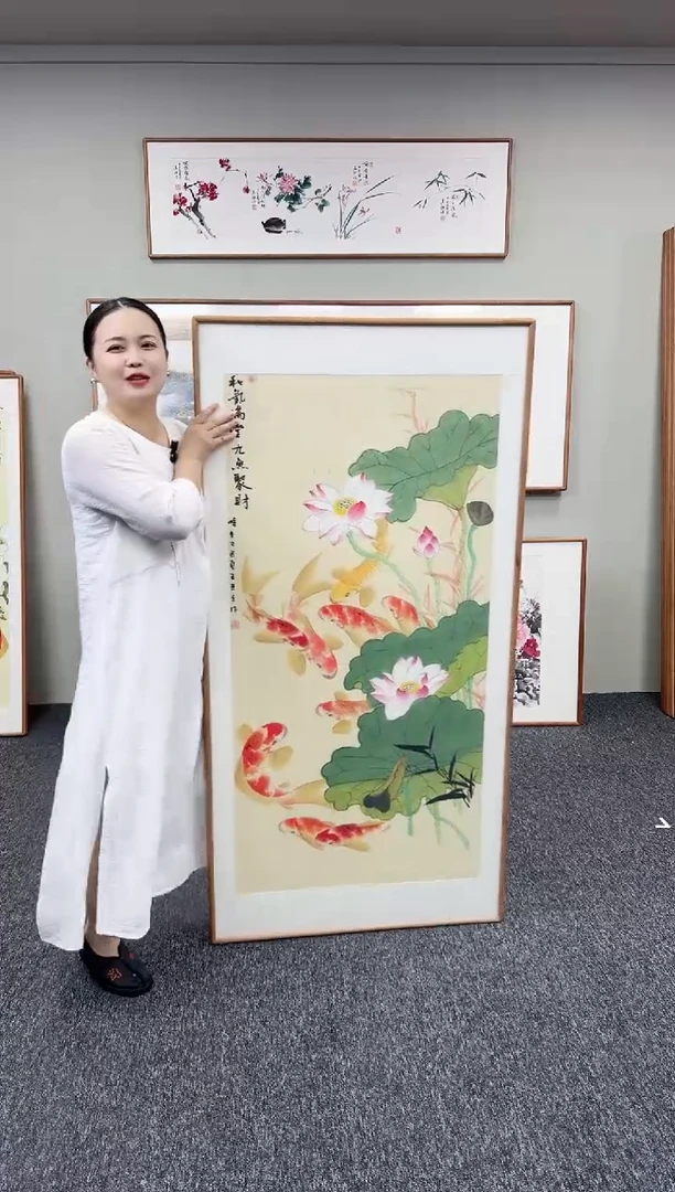国画荷花九鱼图155*76手绘作品随发