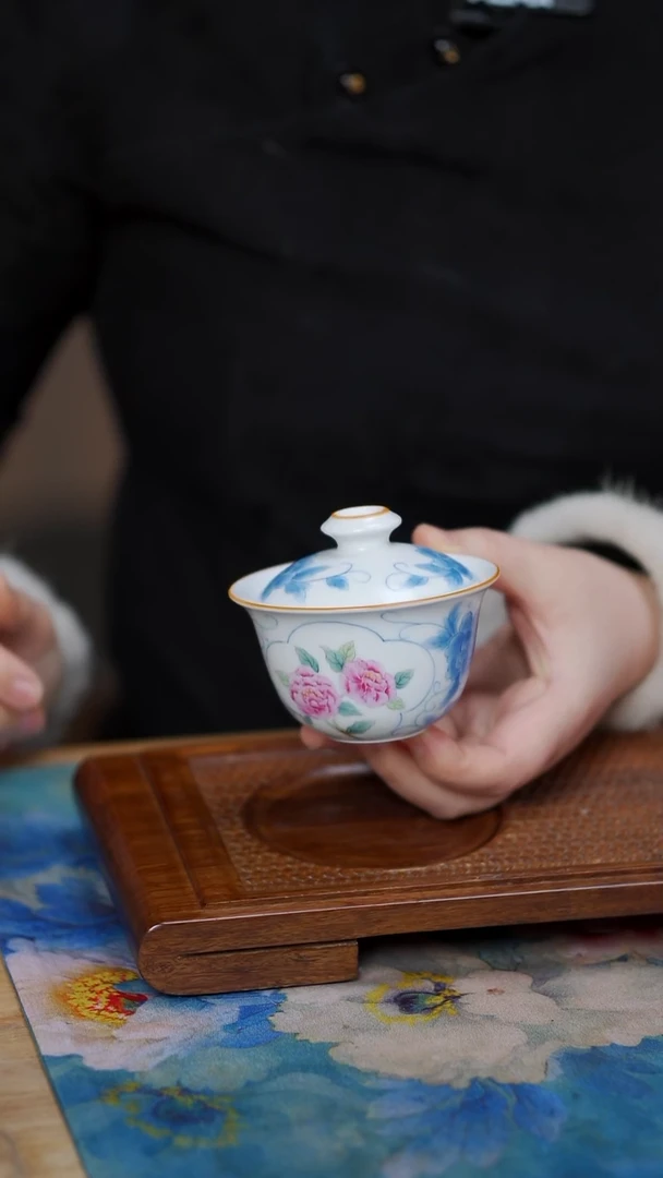 手绘 海棠 开窗盖碗