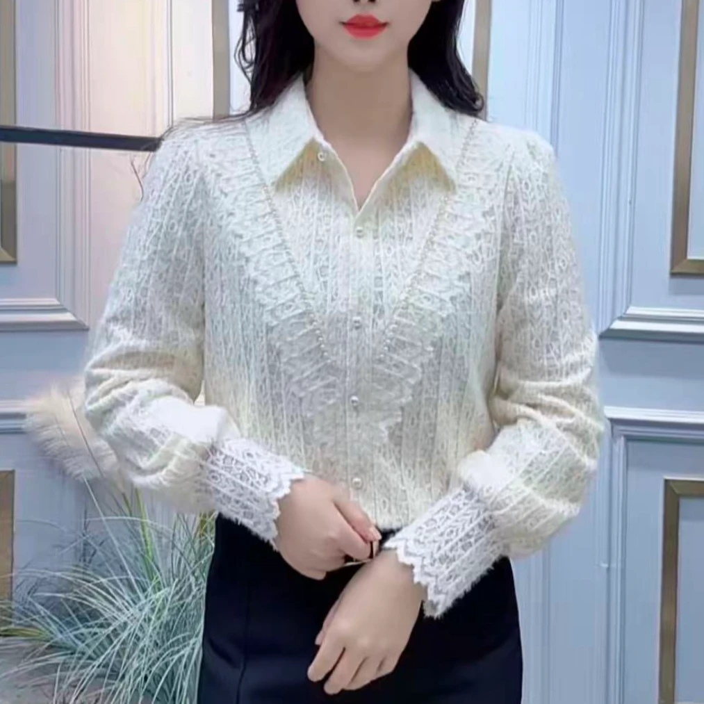 2025冬季新款加绒钉珠衬衫女修身洋气减龄时尚百搭设计感蕾丝衬衣