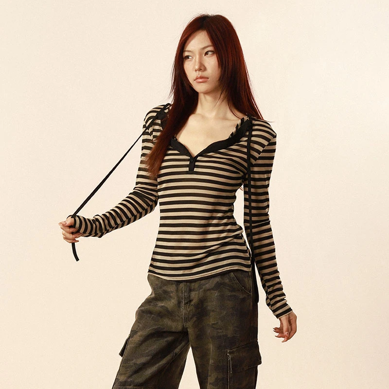 ROMORE美式复古设计感长袖T恤女2025春季新款收腰显瘦条纹上衣