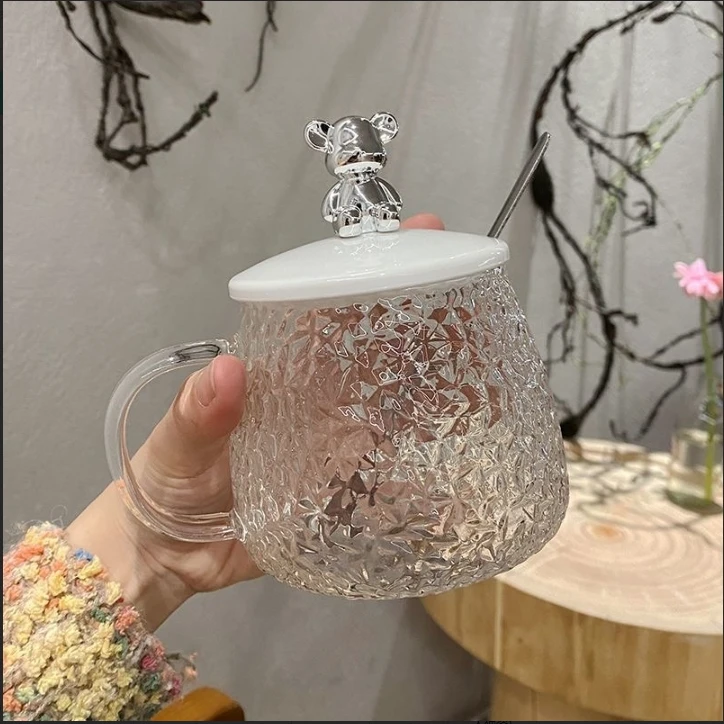 【带盖带勺子】大容量小熊马克玻璃杯冰川茶杯花茶杯耐热礼品文创