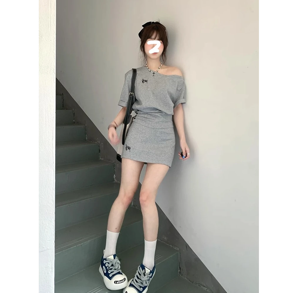 夏季韩系休闲套装女减龄斜肩短袖t恤上衣半身裙显瘦小个子两件套