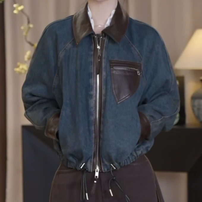 【AS鲁克】25新定制线酷帅机车真皮拼接牛仔外套AS25QDWT03363