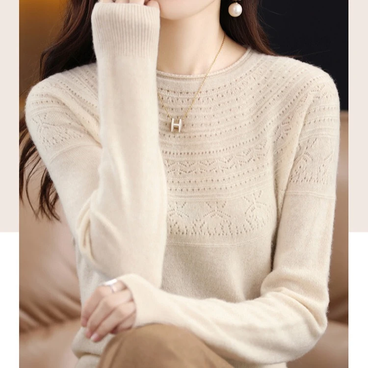 一线成衣无缝镂空圆领羊毛衫女秋冬宽松显瘦毛衣针织WQ-YX002
