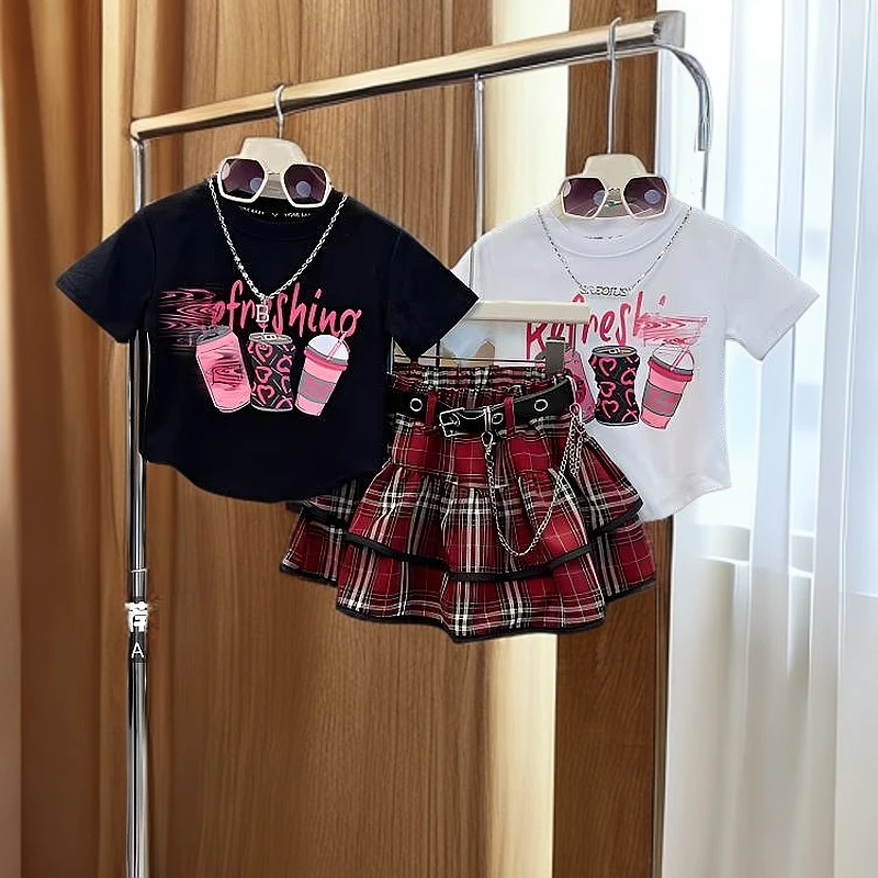 女童2025夏季新款时髦时尚女宝短袖蛋糕格子裙套装洋气女童夏装