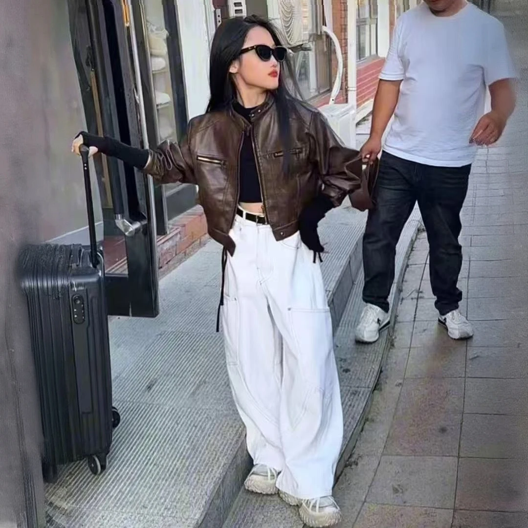 机车服短款pu皮衣外套女童中大童2024秋季新款小设计感立领夹克潮