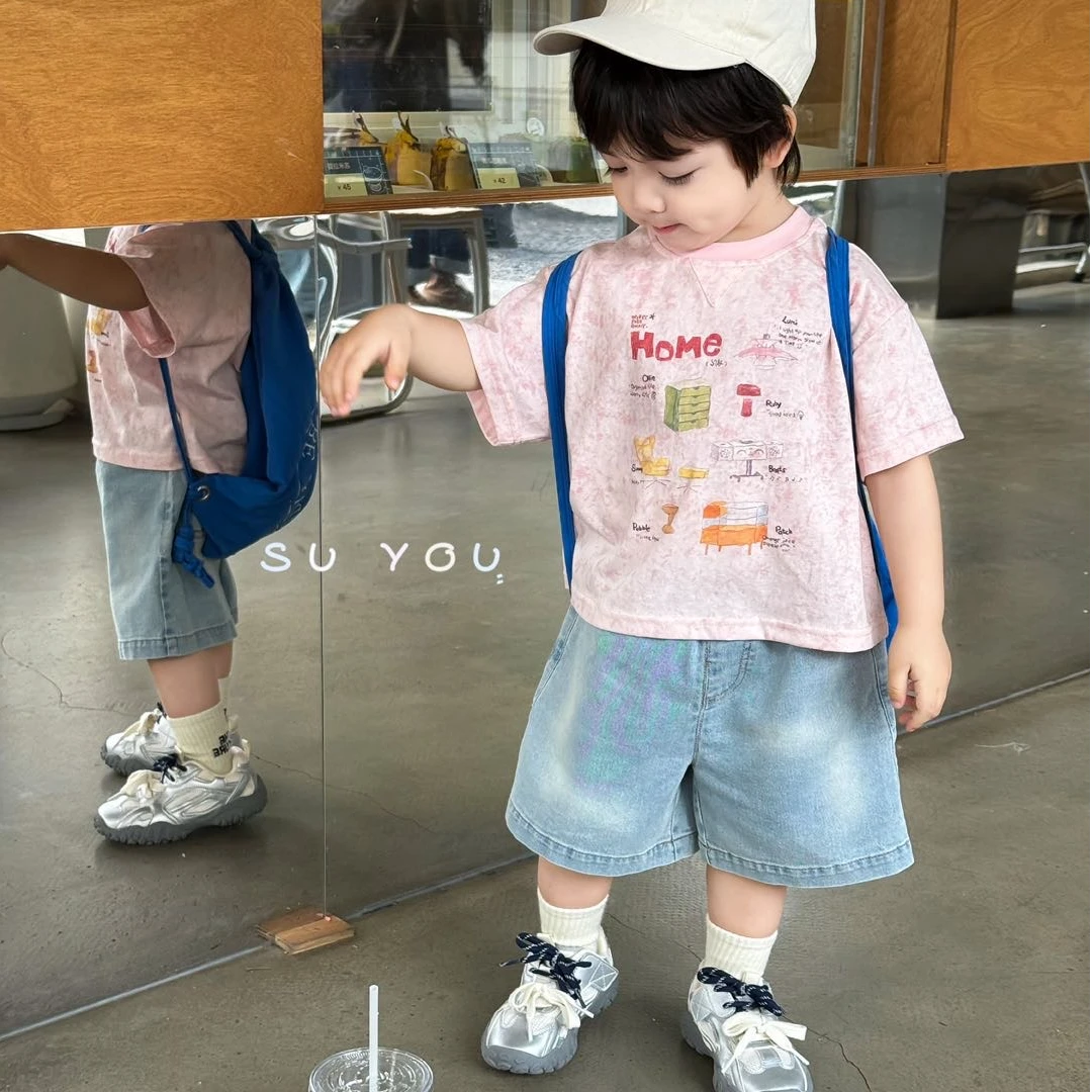 粉色扎染印花时尚韩版渣男粉帅气短袖男童夏款夏季洋气休闲