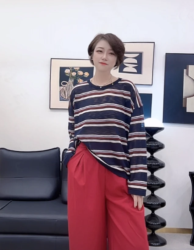 【U.M】假日幻想莱赛尔亚麻圆领条纹针织长袖