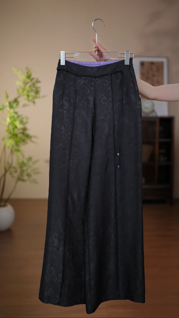 GONG QUE 新中式桑蚕丝香云纱暗纹提花松紧腰显瘦阔腿裤 3108