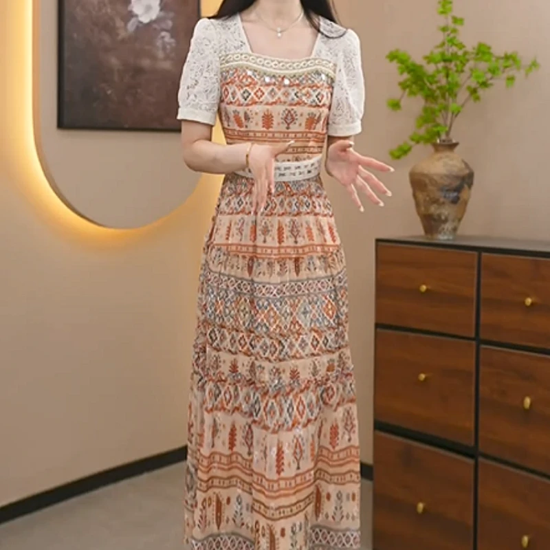 2025夏季新款优雅高端精致女神范油画风超美显白拼接度假风连衣裙