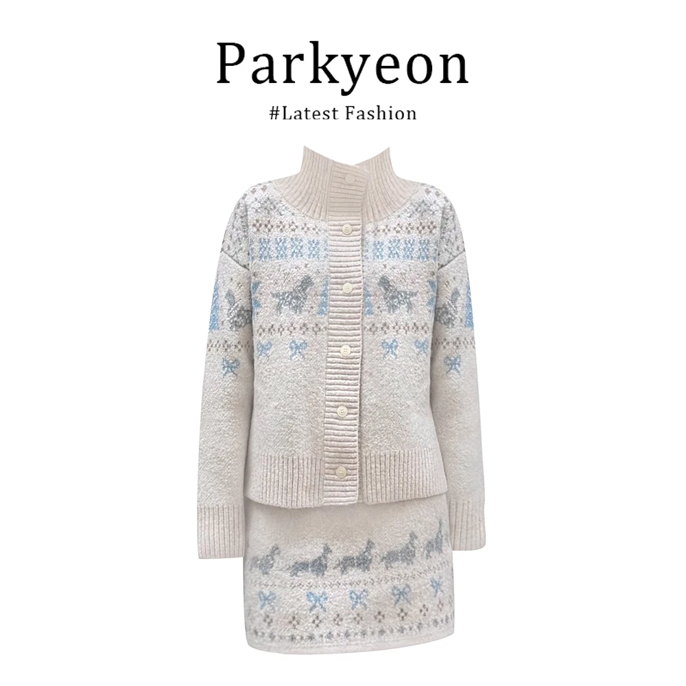 INS CEC冬季高领费尔岛毛衣毛织开衫针织半身短裙时尚显瘦套装