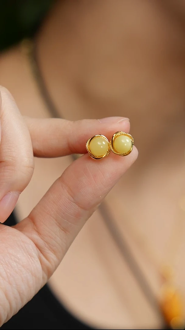 蜜蜡银S925镶嵌耳钉耳钉