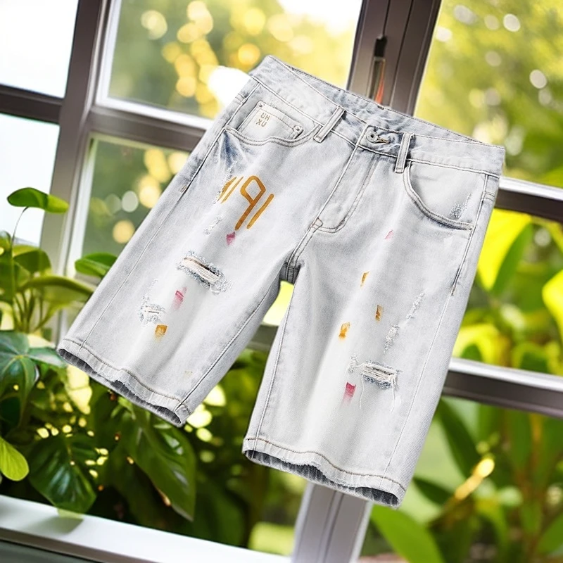 娜罗普西夏季浅色破洞五分牛仔短裤男美式漆涂鸦修身潮流5分中裤