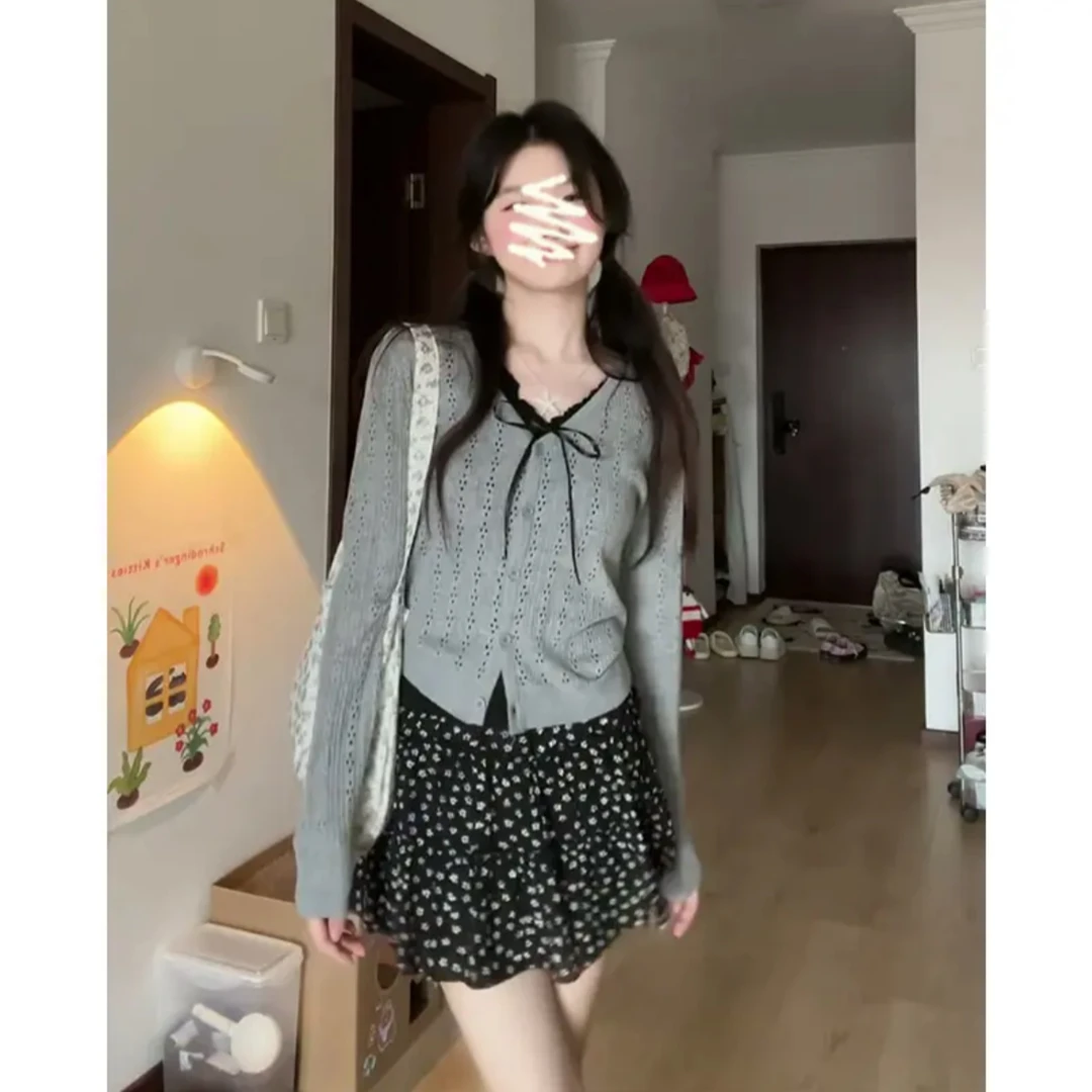2025春季新款女韩系穿搭针织V领开衫修身吊带背心高腰碎花半身裙
